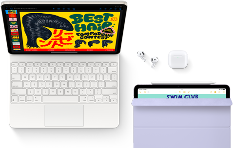 iPad Air, am Magic Keyboard befestigt, mit Airpods Pro, Apple Pencil Pro und Smart Folio Zubehör