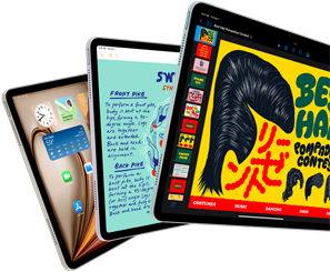 Drei iPad Air Displays, die iPadOS und App Features zeigen