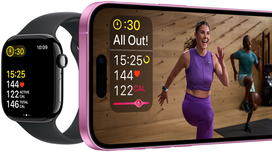 Trainingsdaten, gezeigt auf Apple Watch Series 10 und iPhone.