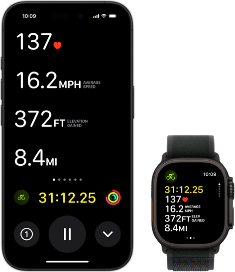 Live Aktivität zeigt die Radfahrdaten einer Person sowohl auf ihrer Ultra 2 als auch auf ihrem iPhone