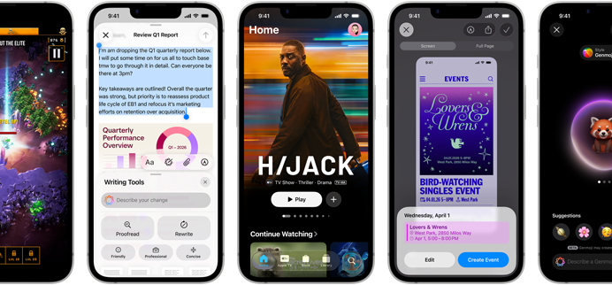 Nebeneinander angeordnete iPhone 17e Geräte mit unterschiedlichen Displays: ein Spiel wird gespielt, Schreibtools, Apple TV App, ein Kalenderereignis wird erstellt, ein Genmoji wird erstellt