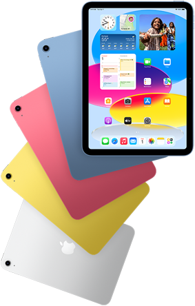 Vorderansicht des iPad zeigt den Homescreen. Dahinter Rückansichten von iPad Modellen in Blau, Pink, Gelb und Silber