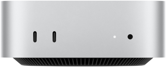 Vorderansicht des Mac mini in Silber, die die Anschlüsse vorne zeigt