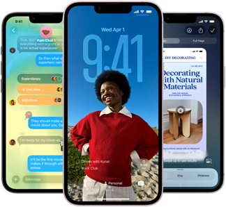 Drei iPhone 17e Geräte, die die Nachrichten App mit Liquid Glass Design, dynamischem Sperrbildschirm und Apple Intelligence in Aktion zeigen