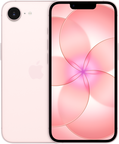 Nebeneinander, iPhone 17e, Rückseite, Farbe Hellrosa, Fusion Kamera-System oben links, iPhone 17e, Vorderseite, All‑Screen Design