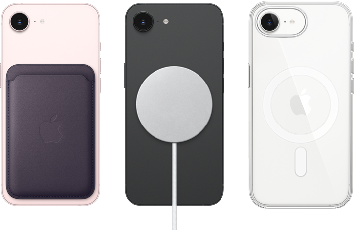 iPhone 17e, Rückseite, Farbe Hellrosa, Feingewebe Wallet mit MagSafe angebracht, iPhone 17e, Rückseite, Farbe Schwarz, MagSafe Ladegerät angebracht, iPhone 17e, Rückseite, Farbe Weiß, Clear Case mit MagSafe angebracht