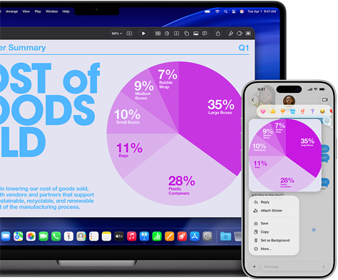 Ein 14 Zoll MacBook Pro mit M5 und ein iPhone 17 Pro Max zeigen das Integrationsfeature anhand einer Keynote Präsentation mit Kreisdiagramm, die zwischen Geräten geteilt wird