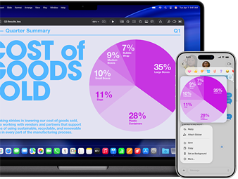 Ein 14 Zoll MacBook Pro mit M5 und ein iPhone 17 Pro Max zeigen das Integrationsfeature anhand einer Keynote Präsentation mit Kreisdiagramm, die zwischen Geräten geteilt wird