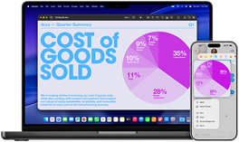 Ein 14 Zoll MacBook Pro mit M5 und ein iPhone 17 Pro Max zeigen das Integrationsfeature anhand einer Keynote Präsentation mit Kreisdiagramm