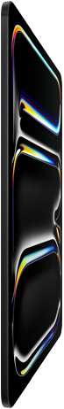 iPad Pro, Vorderseite, Farbe Space Schwarz, Aluminium‑ und Glasgehäuse, dünnes Profil, nach hinten geneigt mit Display, das mehrfarbige Linienzeichnungen zeigt