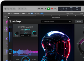 Bildschirminhalt, der die MicDrop Software mit KI Features beim Bearbeiten einer Sprachaufnahme auf einem MacBook Pro zeigt