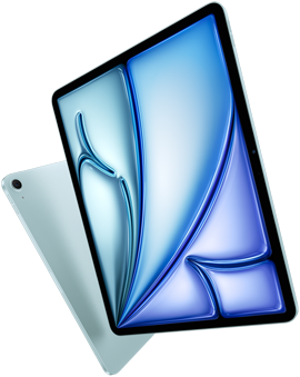Schräge Vorderansicht des 13" iPad Air, farbenfrohes Display, Rückansicht des 11" iPad Air mit 12 MP Weitwinkel-Rückkamera