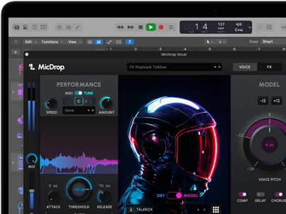 Bildschirminhalt, der die MicDrop Software mit KI Features beim Bearbeiten einer Sprachaufnahme auf einem MacBook Pro zeigt