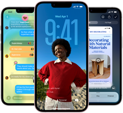 Drei iPhone 17e Geräte, die die Nachrichten App mit Liquid Glass Design, dynamischem Sperrbildschirm und Apple Intelligence in Aktion zeigen