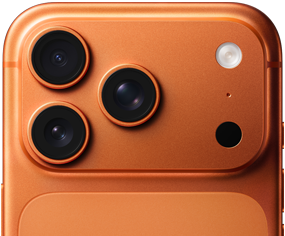 iPhone 17 Pro, Cosmic Orange, Teilansicht der Rückseite, Pro Kamera-System oben links, 3 Objektive, Mikrofon, Blitz