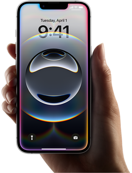Eine Hand hält ein iPhone 16e mit einem farbigen, glühenden Licht am Rand des All-Screen Displays