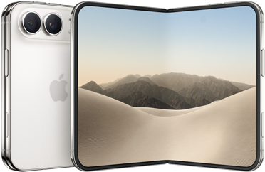 iPhone Duo, Rückseite geschlossen, Farbe Sternenweiß, Dual Fusion Kamera-System oben links, Apple Logo in der Mitte. Geöffnetes inneres Display, All‑Screen Design, gerundete Ecken