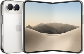 iPhone Duo, Rückseite geschlossen, Farbe Sternenweiß, Dual Fusion Kamera-System oben links, Apple Logo in der Mitte. Geöffnetes inneres Display, All‑Screen Design, gerundete Ecken
