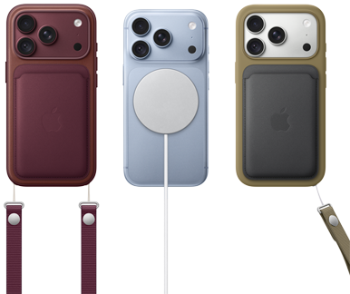 iPhone 18 Pro, Rückseite, Farbe Burgunder, Feingewebe Wallet mit MagSafe in Burgunder; iPhone 18 Pro, Rückseite, Farbe Polar, mit MagSafe Batterie; iPhone 18 Pro, Rückseite, Farbe Silber, mit Silikon Case in Grün und MagSafe Ladegerät
