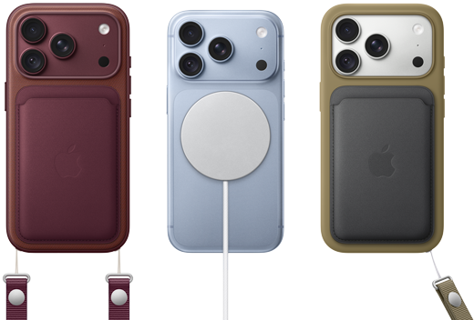 iPhone 18 Pro, Rückseite, Farbe Burgunder, Feingewebe Wallet mit MagSafe in Burgunder; iPhone 18 Pro, Rückseite, Farbe Polar, mit MagSafe Batterie; iPhone 18 Pro, Rückseite, Farbe Silber, mit Silikon Case in Grün und MagSafe Ladegerät