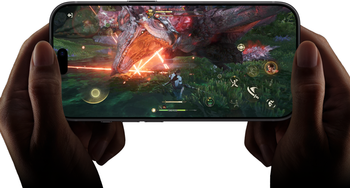 Vorderseite eines iPhone 18 Pro, die die Leistungsfähigkeit des A20 Pro Chip mit einer Szene aus Monster Hunter Outlanders zeigt