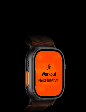 Apple Watch Ultra 4, Titangehäuse, Farbe Schwarz, Lauftraining, nächstes Intervall, linke Seitenansicht, Actiontaste in Orange, Alpine Loop Armband