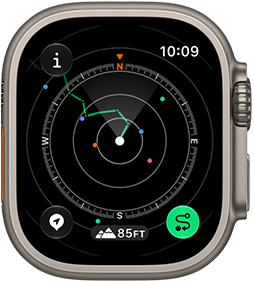 Apple Watch Ultra 4, Titangehäuse, Farbe Natur, Backtrack zeigt Route mit Kompass Wegbeschreibungen, rechte Seitenansicht, Digital Crown, erhöhte Seitentaste