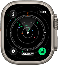 Apple Watch Ultra 4, Titangehäuse, Farbe Natur, Backtrack zeigt Route mit Kompass Wegbeschreibungen, rechte Seitenansicht, Digital Crown, erhöhte Seitentaste