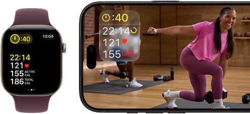 Eine Apple Watch neben einem iPhone mit einem Apple Fitness+ Training auf dem Display