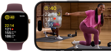 Eine Apple Watch neben einem iPhone mit einem Apple Fitness+ Training auf dem Display