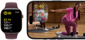 Eine Apple Watch neben einem iPhone mit einem Apple Fitness+ Training auf dem Display