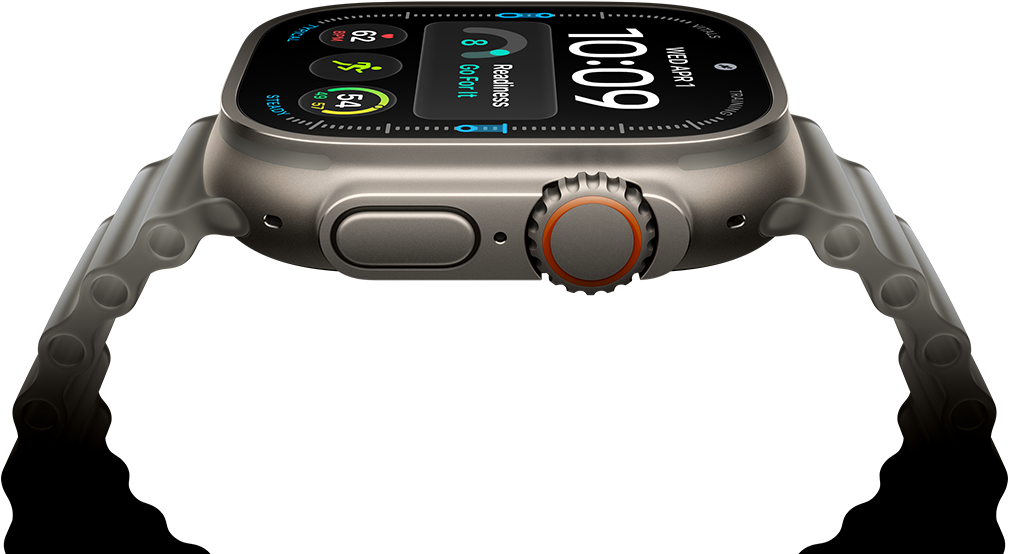 Apple Watch Ultra 4, Titangehäuse, Farbe Natur, digitales Zifferblatt, Komplikationen: Tagesform, Herzfrequenz, Trainings, Temperatur, rechte Seitenansicht, Digital Crown, erhöhte Seitentaste, Ocean Armband, Farbe Halbtransparentes Grau