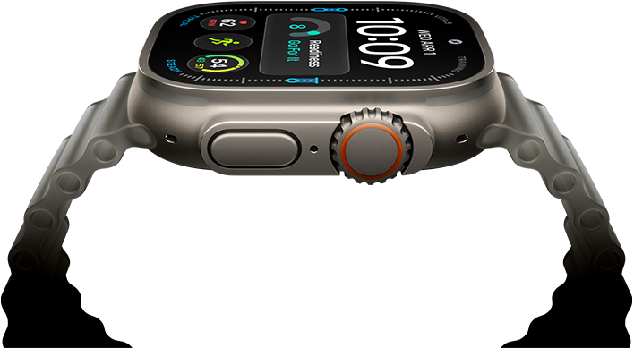Apple Watch Ultra 4, Titangehäuse, Farbe Natur, digitales Zifferblatt, Komplikationen: Tagesform, Herzfrequenz, Trainings, Temperatur, rechte Seitenansicht, Digital Crown, erhöhte Seitentaste, Ocean Armband, Farbe Halbtransparentes Grau