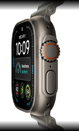 Apple Watch Ultra 4, Titangehäuse, Farbe Natur, digitales Zifferblatt, Komplikationen: Tagesform, Herzfrequenz, Trainings, Temperatur, rechte Seitenansicht, Digital Crown, erhöhte Seitentaste, Ocean Armband, Farbe Halbtransparentes Grau