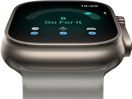 Apple Watch Ultra 4, Titangehäuse, Farbe Natur, Tagesformwert 8, rechte Seitenansicht, Digital Crown, erhöhte Seitentaste, Ocean Armband, Farbe Halbtransparentes Grau