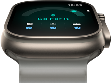 Apple Watch Ultra 4, Titangehäuse, Farbe Natur, Tagesformwert 8, rechte Seitenansicht, Digital Crown, erhöhte Seitentaste, Ocean Armband, Farbe Halbtransparentes Grau