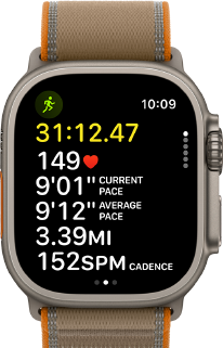 Apple Watch Ultra 4, Titangehäuse, Farbe Natur, fortschrittliche Trainingsdaten für Outdoor-Laufen, rechte Seitenansicht, Digital Crown, erhöhte Seitentaste, Trail Loop Armband, Farbe Sand