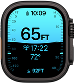 Apple Watch Ultra 4, Titangehäuse, Farbe Schwarz, Tiefe App zeigt Messwerte fürs Tauchen, rechte Seitenansicht, Digital Crown, erhöhte Seitentaste