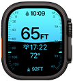 Apple Watch Ultra 4, Titangehäuse, Farbe Schwarz, Tiefe App zeigt Messwerte fürs Tauchen, rechte Seitenansicht, Digital Crown, erhöhte Seitentaste