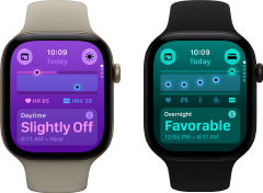 Zwei Apple Watch Series 12 Geräte: Aluminiumgehäuse, Farbe Lichtgold, Tageswerte für Vitalzeichen leicht abweichend, Digital Crown, Sportarmband Sand, Aluminiumgehäuse, Farbe Schwarz, im Schlaf erfasste Vitalwerte günstig, Digital Crown, Sportarmband Schwarz