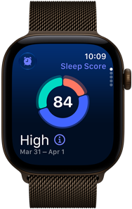 Apple Watch Series 12, Aluminiumgehäuse, Farbe Dunkelbronze, Kreisdiagramm mit Schlafindex, Digital Crown, Milanaise Armband, Farbe Dunkelbronze