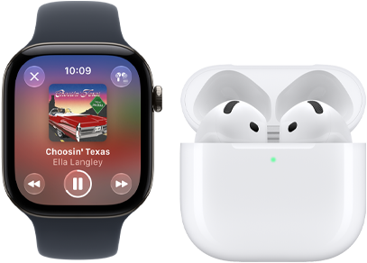 Apple Watch Series 12, Aluminiumgehäuse, Farbe Schwarz, Sportarmband in Schwarz, Apple Music App geöffnet, gekoppelt mit AirPods 4