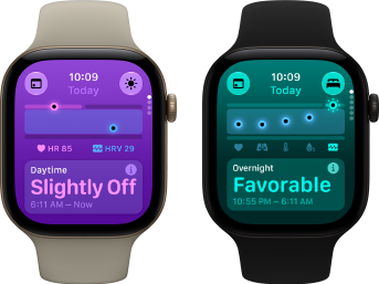 Zwei Apple Watch Series 12 Geräte: Aluminiumgehäuse, Farbe Lichtgold, Tageswerte für Vitalzeichen leicht abweichend, Digital Crown, Sportarmband Sand, Aluminiumgehäuse, Farbe Schwarz, im Schlaf erfasste Vitalzeichen günstig, Digital Crown, Sportarmband Schwarz