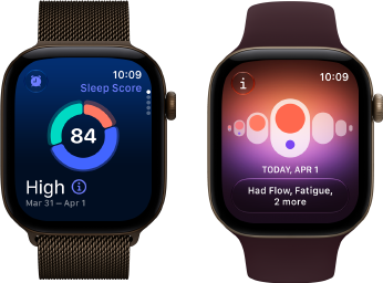 Apple Watch Series 12, Aluminiumgehäuse, Farbe Dunkelbronze, Kreisdiagramm mit Schlafindex, Digital Crown, Milanaise Armband, Farbe Dunkelbronze