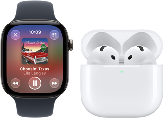 Apple Watch Series 12, Aluminiumgehäuse, Farbe Schwarz, Sportarmband in Schwarz, Apple Music App geöffnet, gekoppelt mit AirPods 4
