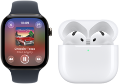 Apple Watch Series 12, Aluminiumgehäuse, Farbe Schwarz, Sportarmband in Schwarz, Apple Music App geöffnet, gekoppelt mit AirPods 4