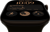 Apple Watch Series 12, Aluminiumgehäuse, Farbe Dunkelbronze, Modular Zifferblatt, Komplikationen: Tag und Datum, Trainings, Aktivitätsringe, Apple Music, rechte Seitenansicht, Digital Crown, Sportarmband, Farbe Oliv