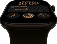 Apple Watch Series 12, Aluminiumgehäuse, Farbe Dunkelbronze, Modular Zifferblatt, Komplikationen: Tag und Datum, Trainings, Aktivitätsringe, Apple Music, rechte Seitenansicht, Digital Crown, Sportarmband, Farbe Oliv