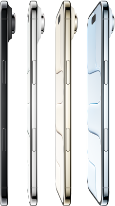 iPhone Air, Seitenansicht, alle vier Farben, Himmelblau, Lichtgold, Wolkenweiß, Space Black, sehr dünnes Profil, Fusion Kamera-System, Tasten: Seite, Kamerasteuerung