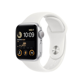 Sie sehen das Produkt Apple Watch SE GPS, Aluminium silber, 40 mm mit Sportarmband, weiß>, Produktbild: 01 Apple Watch SE GPS, Aluminium silber, 40 mm mit Sportarmband, weiß>